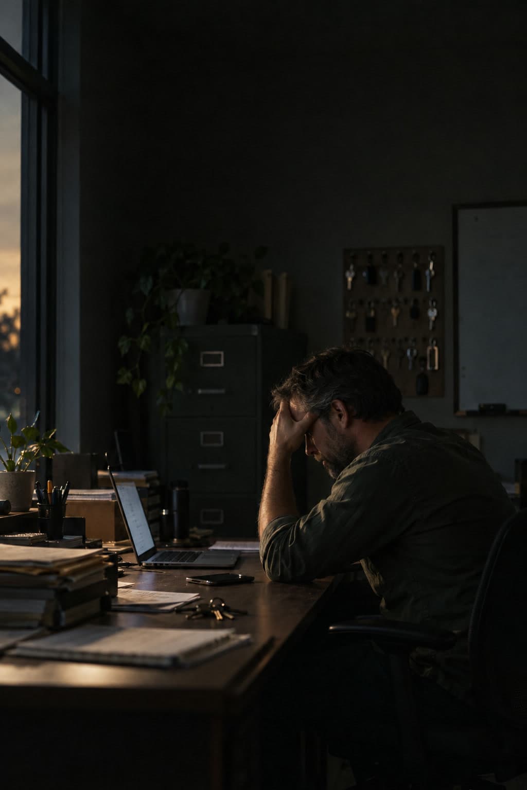 A property manager at a laptop at the end of the day